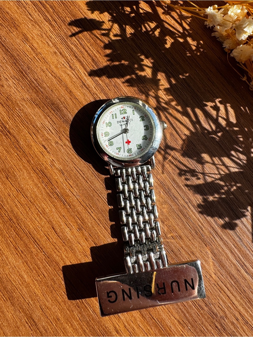 Silver Nursing Clip-On Watch with White Dial